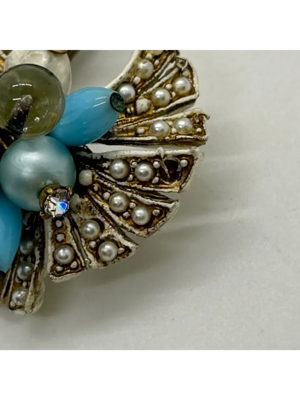 Vintage Coro Pin Brooch With Faux Pearls Faux Turquoise Beads, Floral Bow READ
